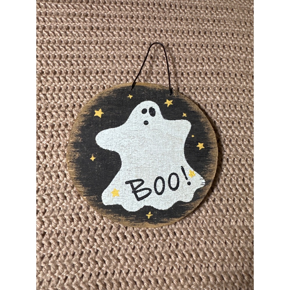 Hand Painted Wooden Ghost Boo Sign Rustic Halloween Wall Decor Round Plaque